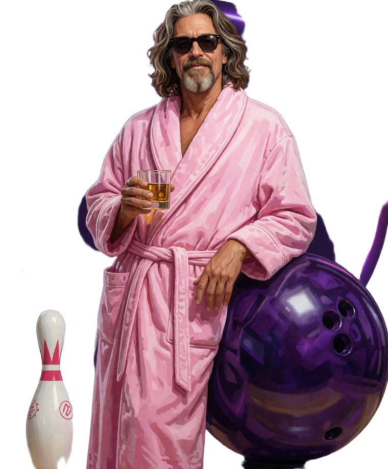 The Dude, das DudeSpin-Maskottchen im rosa Luxus-Bademantel mit goldenem Glas, Bowlingkugel und Kegeln