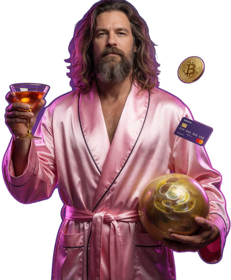 The Dude im rosa Bademantel mit goldenem Glas, Bowlingkugel, Zahlungskarte und Kryptom&uuml;nze als transparente Figur
