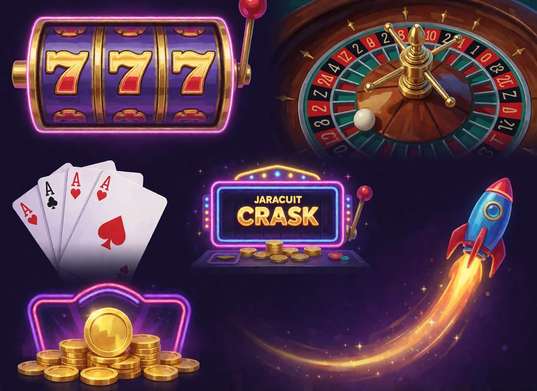 Spielkategorien im DudeSpin Casino: Slot-Walzen, Roulette-Rad, Spielkarten, Jackpot-Anzeige und Crash-Rakete
