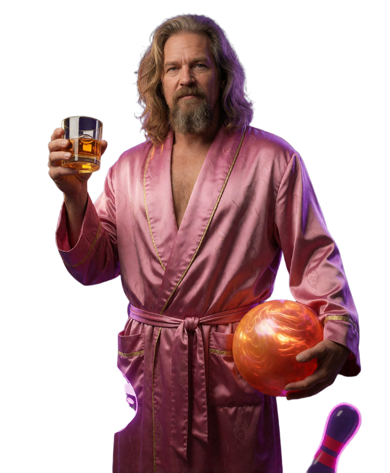 The Dude im rosa Bademantel mit goldenem Glas, Bowlingkugel und leuchtenden Bonuschips