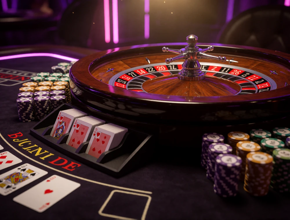 Roulette-Rad, Blackjack-Kartenschuh, Pokerkarten und Baccarat-Spielmarken auf einem dunklen Casino-Tisch im DudeSpin Live Casino