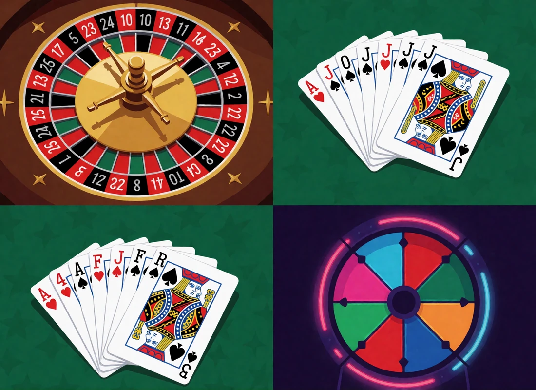 Vier Spielmechaniken im DudeSpin Live Casino: Roulette-Rad, Blackjack-Hand, Poker-Blatt und Game-Show-Gl&uuml;cksrad