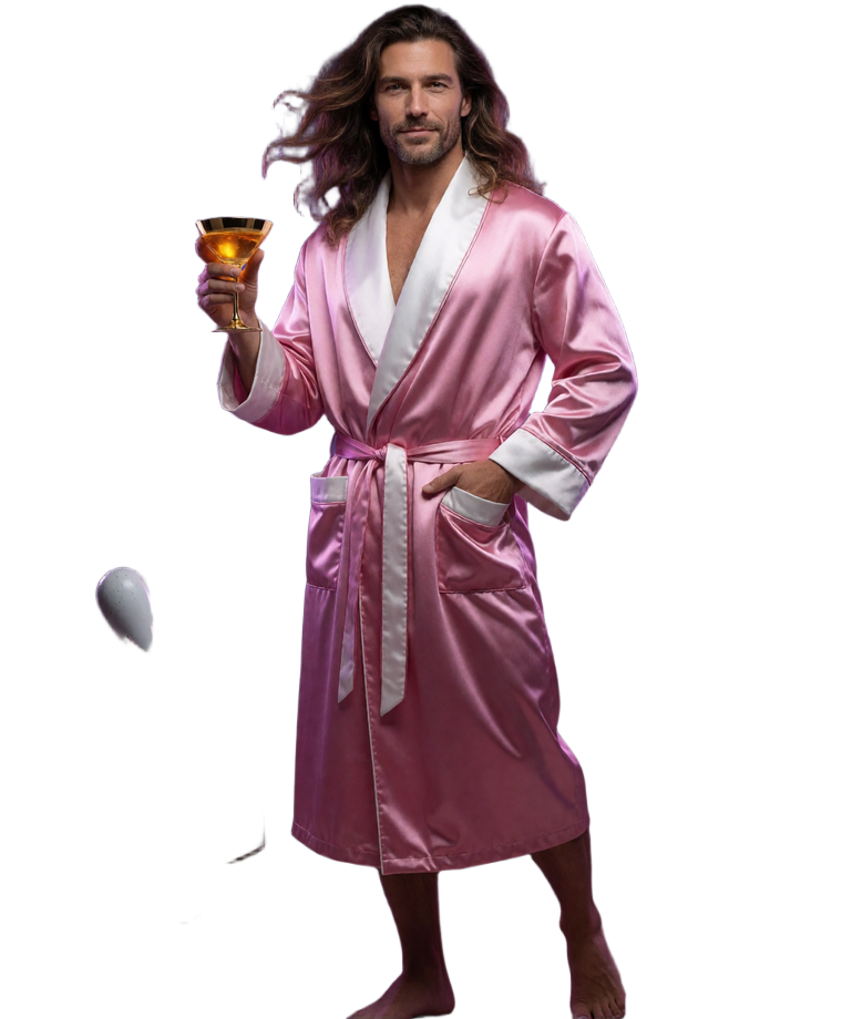 The Dude im rosa Bademantel mit goldenem Glas, umgeben von Konto-Checkliste und Spielerschutz-Einstellungen