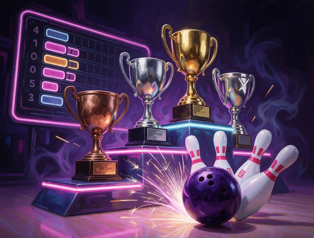 VIP-Pokale in Bronze, Silber, Gold und Platin neben Punktestand, Bowlingkugel und umgeworfenen Kegeln