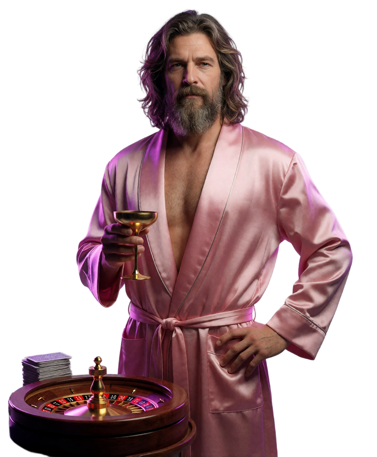 The Dude im rosa Luxus-Bademantel mit goldenem Glas neben Roulette-Rad und Spielkarten im DudeSpin Live Casino