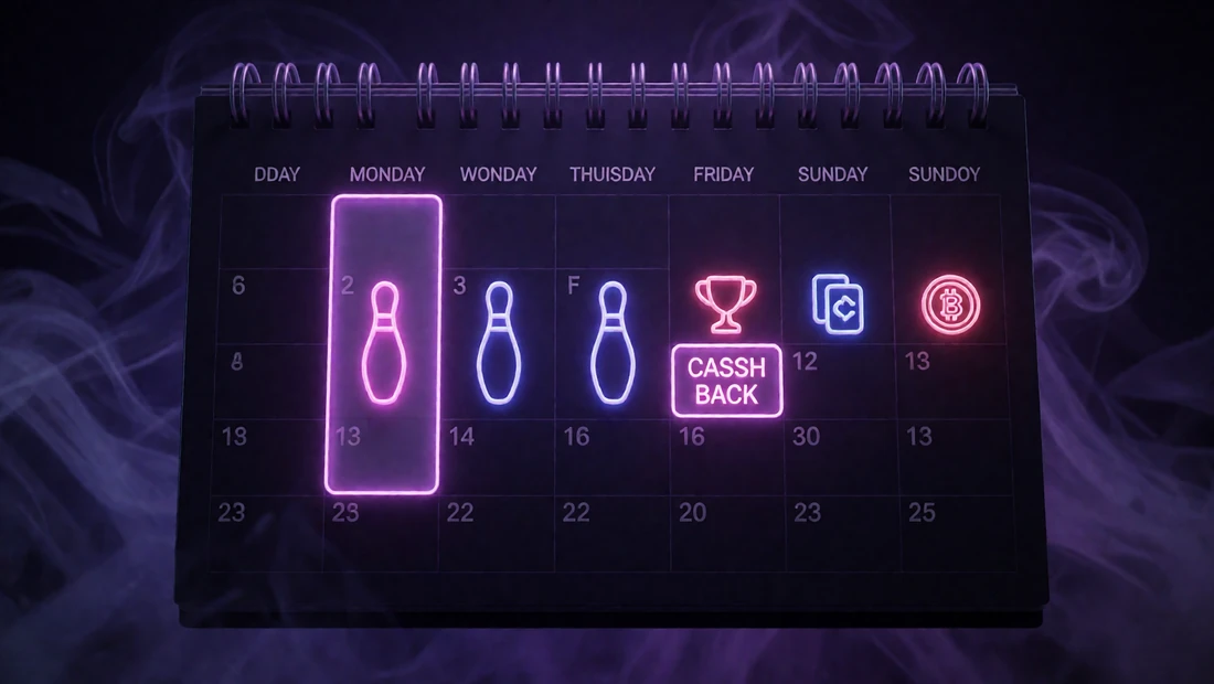 Wochenkalender mit farbigen Markierungen f&uuml;r Reload, Wochenende, Live-Casino-Cashback und Crypto Reload
