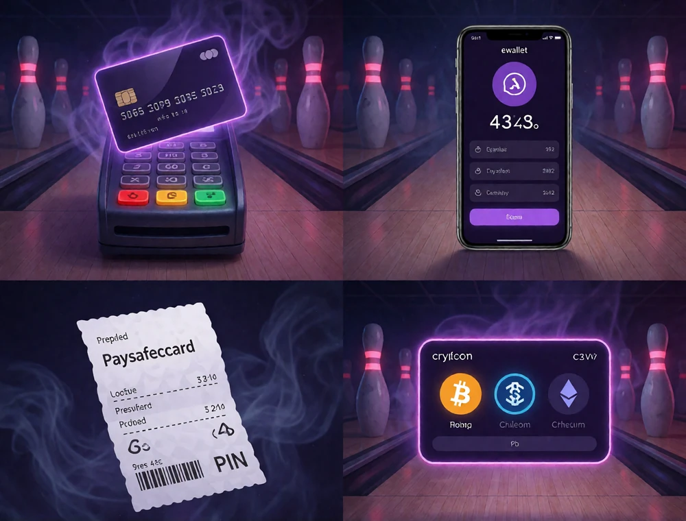 Vier Einzahlungsschritte bei DudeSpin: Bankkarte am Terminal, E-Wallet auf dem Smartphone, Paysafecard-Beleg und Krypto-Wallet-Schnittstelle